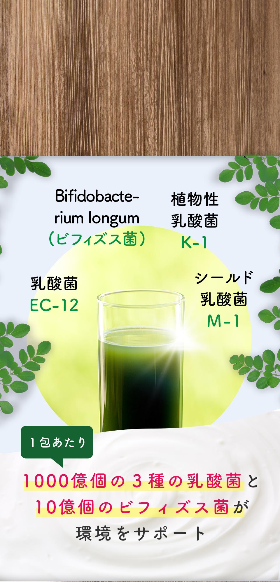 Bifidobacte- rium longum (ビフィズス菌)、植物性乳酸菌K-1、乳酸菌EC-12、シールド乳酸菌 M-1、1包あたり1000億個の3種の乳酸菌と10億個のビフィズス菌が環境をサポート